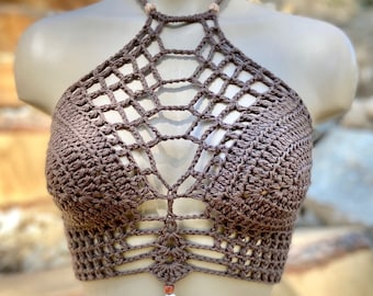 Gehaakte haltertop bruin - festivaltop - moderne top - hippie - bohotop - sexy crop top - zomerkleding - bralette van AngelsChest