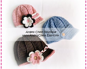 Crochet Newsboy Hat Beanie and Detachable Flower Boy and Girl SIZES Newborn to 4T - PDF Crochet Pattern No. 42 by AngelsChest