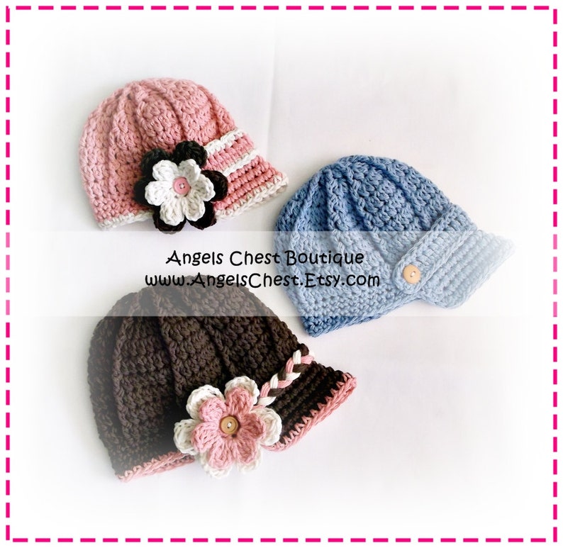 Crochet Newsboy Hat Beanie and Detachable Flower Boy and Girl SIZES Newborn to 4T PDF Crochet Pattern No. 42 by AngelsChest image 1
