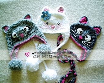PDF Crochet Tutorial Pattern Here KITTY CAT Earflap Hat Prop Sizes Newborn to Adult by AngelsChest  Pattern No. 27