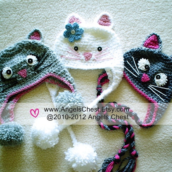 PDF Crochet Tutorial Pattern Here KITTY CAT Earflap Hat Prop Sizes Newborn to Adult by AngelsChest  Pattern No. 27