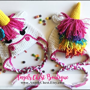 Crochet Pattern Unicorn Earflap or Beanie Hat AngelsChest Pattern No. 71 image 1