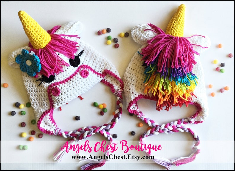 Crochet Pattern Unicorn Earflap or Beanie Hat AngelsChest Pattern No. 71 image 1