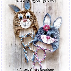 Cute Crochet Rabbit Bunny Beanie Earflap Hat PDF Pattern Sizes Newborn to Adult Boutique Design No. 59 by AngelsChest image 1