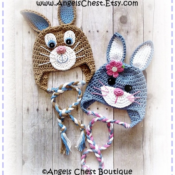 Cute Crochet Rabbit Bunny Beanie Earflap Hat PDF Pattern Sizes Newborn to Adult Boutique Design - No. 59 by AngelsChest