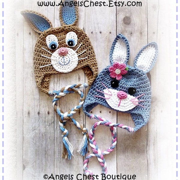 Cute Crochet Rabbit Bunny Beanie Earflap Hat PDF Pattern Sizes Newborn to Adult Boutique Design - No. 59 by AngelsChest