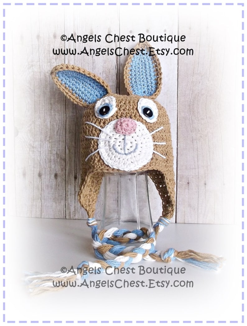 Cute Crochet Rabbit Bunny Beanie Earflap Hat PDF Pattern Sizes Newborn to Adult Boutique Design No. 59 by AngelsChest image 5