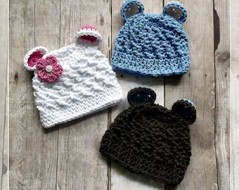 Crochet BEAR EARS Beanie Hat PDF Pattern Sizes Newborn to Adult Boutique Design - No. 55 by AngelsChest