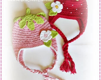 Crochet STRAWBERRY Beanie Earflap Hat PDF Pattern Sizes Newborn to Adult Boutique Design - No. 66 by AngelsChest