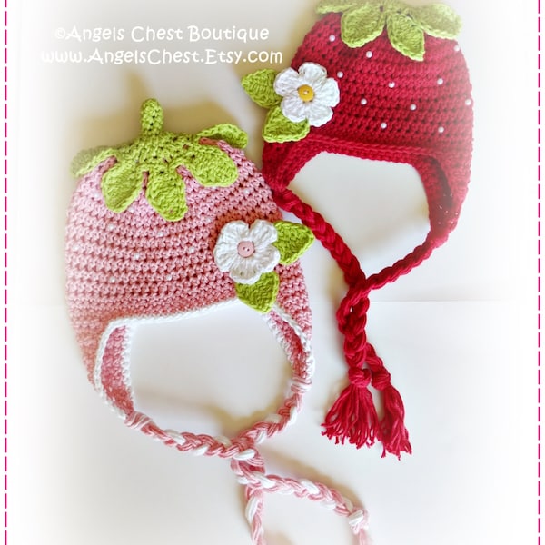 Crochet STRAWBERRY Beanie Earflap Hat PDF Pattern Sizes Newborn to Adult Boutique Design - No. 66 by AngelsChest