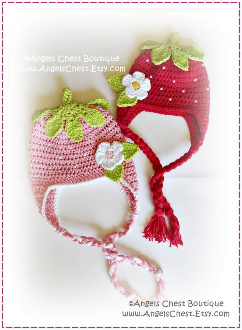 SPECIAL Crochet STRAWBERRY Beanie Earflap Hat and Booties PDF Pattern Boutique Design by AngelsChest image 1