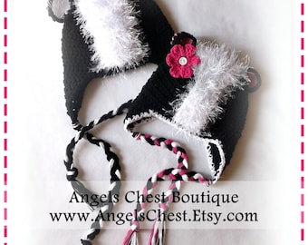 SCHATTIGE SKUNK oorflap gehaakte muts patroongrootte pasgeboren tot volwassen Boutique Design - nr. 44 door AngelsChest