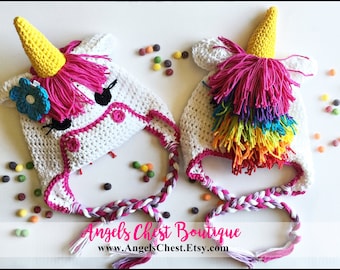 Haak UNICORN Hoed Muts - Foto Prop - Maten Pasgeboren, baby, peuter, tiener en volwassen Ontwerp door AngelsChest