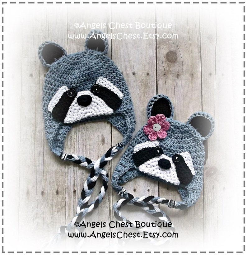 Crochet RACCOON Beanie Earflap Hat PDF Pattern Sizes Newborn to Adult Boutique Design No. 56 by AngelsChest image 4