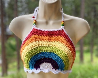 Rainbow Crochet halter top - Festival top - Modern top - Hippie cotton top - Sexy crop top - Summer wear by AngelsChest