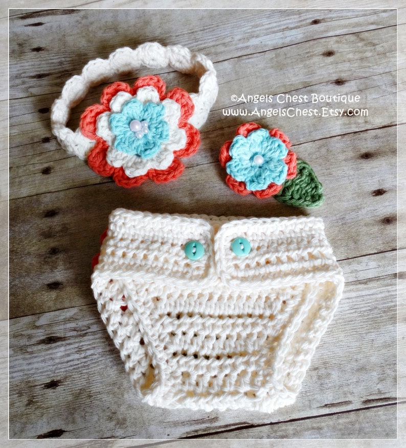 Crochet Diaper Cover and Headband with Flowers PDF Pattern Sizes Newborn to 12 months Boutique Design No. 67 by AngelsChest image 4