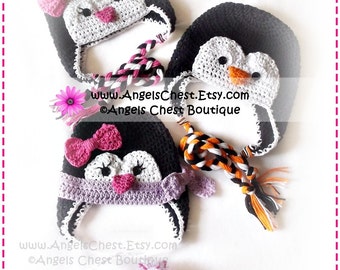 Lindo PINGÜINO Sombrero de ganchillo Patrón de orejeras Tamaño Diseño boutique para recién nacidos y adultos - No. 52 de AngelsChest