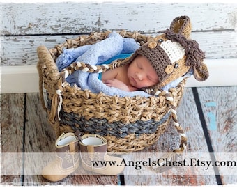 Crochet Pony Horse Cowboy Hat Beanie - Photo Prop - Sizes Newborn, baby, toddler, teen. Design by AngelsChest