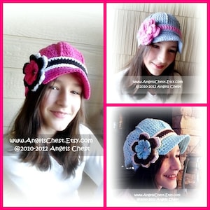 May include: Three crocheted hats with flower embellishments. The hats are in pink, blue, and light blue with black and white accents. The hats have a brim and are styled like a newsboy cap. The text on the image reads "www.AngelsChest.Etsy.com @2010-2012 Angels Chest".