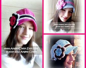 Newsboy Beanie with Visor - Brimmed Hat and Detachable Flower SIZES 5T to Adult - PDF Crochet Pattern No. 41 by AngelsChest
