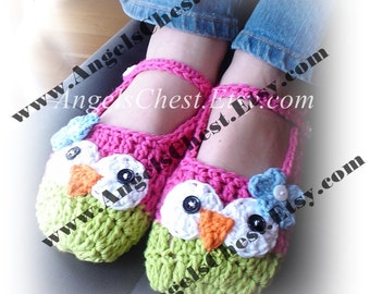 PDF Crochet Pattern Owl Mary Janes Slippers Sizes Preteen to Adult No. 17