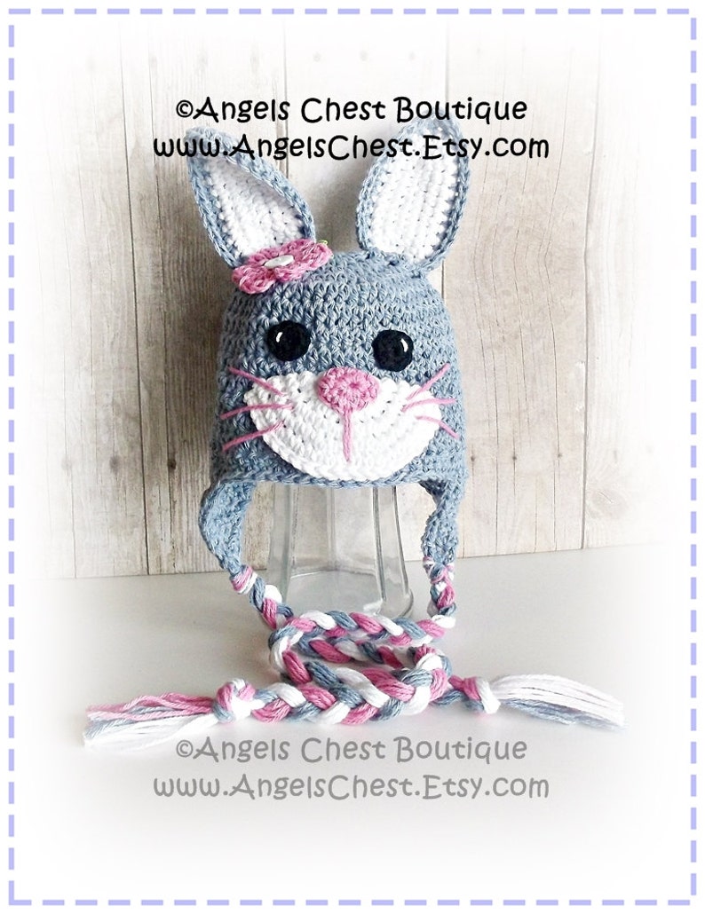 Cute Crochet Rabbit Bunny Beanie Earflap Hat PDF Pattern Sizes Newborn to Adult Boutique Design No. 59 by AngelsChest image 2