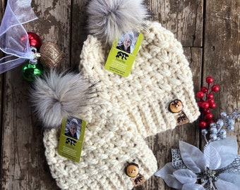 New handmade Mommy and Me Beanie hat set ivory black size adult/ 2t wool blend ASPEN 2 PC Gift Set MOMMY & ME Knit Pom Beanie HAT Womens O  main image 2