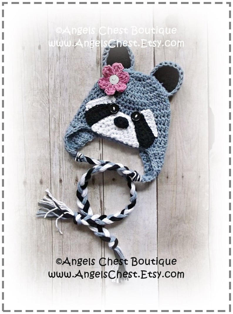 Crochet RACCOON Beanie Earflap Hat PDF Pattern Sizes Newborn to Adult Boutique Design No. 56 by AngelsChest image 2