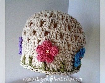 Crochet Pattern Beautiful Spring Beanie Cloche Hat with Flowers - Gift Baby Shower -  DIY Instructions for Size Newborn to Adult  No. 16