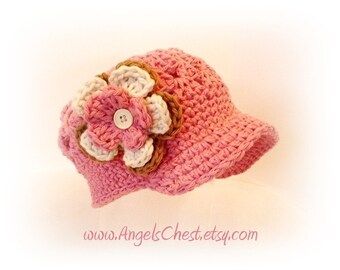 PDF Pattern Cute Beanie with Brim hat with detachable flowers Sizes Newborn to 4 Years No. 2