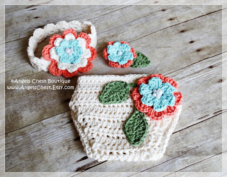 Crochet Diaper Cover and Headband with Flowers PDF Pattern Sizes Newborn to 12 months Boutique Design No. 67 by AngelsChest image 2