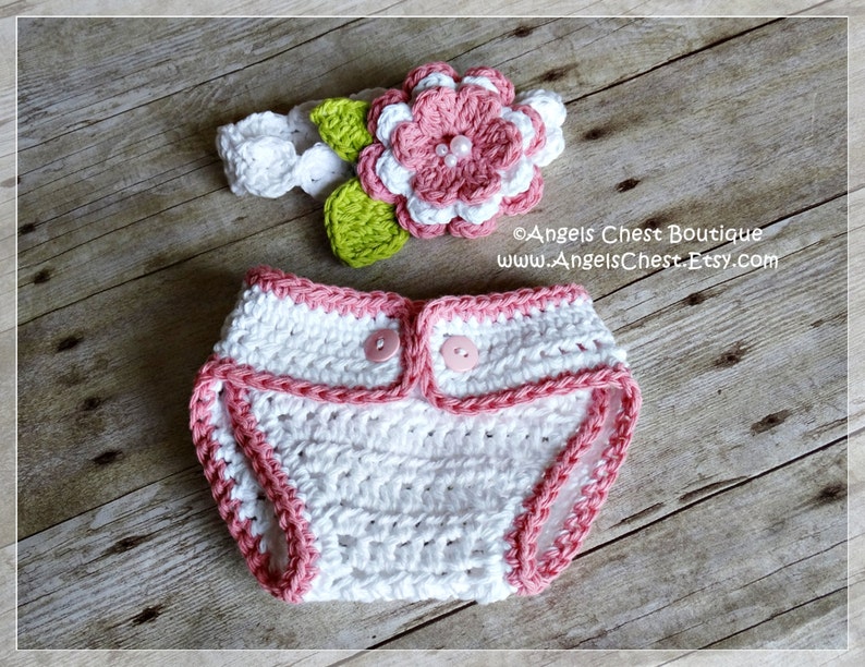 Crochet Diaper Cover and Headband with Flowers PDF Pattern Sizes Newborn to 12 months Boutique Design No. 67 by AngelsChest image 3