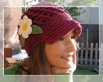 PDF Crochet Pattern Beanie with Visor or Brim and detachable flower SIZES 5T to Adult - No. 4