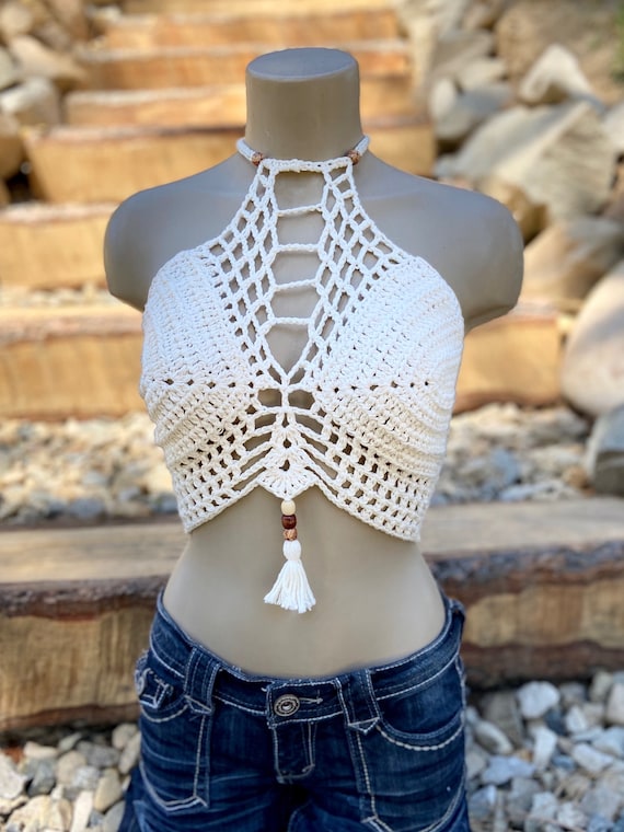 crochet crop top boho hippie white crochet top halter top