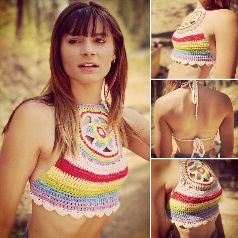 Crochet Halter Top Once Upon a Time in Hollywood Top Rainbow Halter Top Crop Top Mandala Boho Hippie Festival Clothing image 2