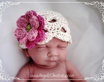 PDF PATTERN Eggshell beanie hat with flowers Newborn to Adult sizes Crochet Photo prop No. 13