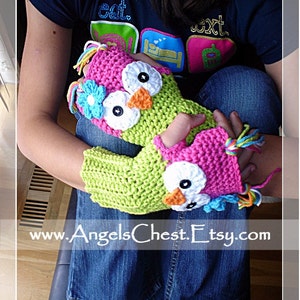 PDF Crochet Pattern Owl Hand Warmers Fingerless Gloves Toddler to Adult Sizes No. 22 image 1