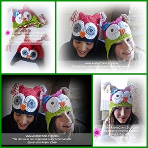 May include: Two children wearing crocheted owl hats. The hats are green and pink with blue eyes and orange beaks. The hats have long ear flaps and are tied under the chin.