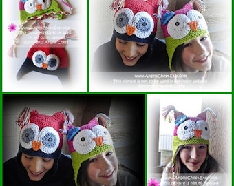 PDF Crochet Pattern No. 24 Owly sooo Cute earflat hat Boy and Girl Sizes 5T to Adult by AngelsChest