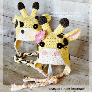 CROCHET PATTERN No. 64 - GIRAFFE Hat with Earflaps  - (0/3 months, 3/6 months, 6/12 months, 12/24 months ,Toddler, Child, Adult sizes)