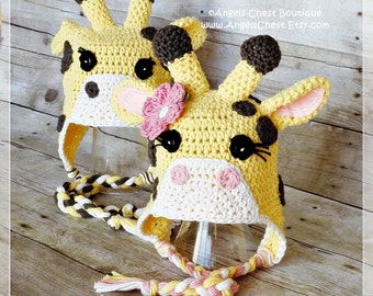 CROCHET PATTERN No. 64 - GIRAFFE Hat with Earflaps  - (0/3 months, 3/6 months, 6/12 months, 12/24 months ,Toddler, Child, Adult sizes)