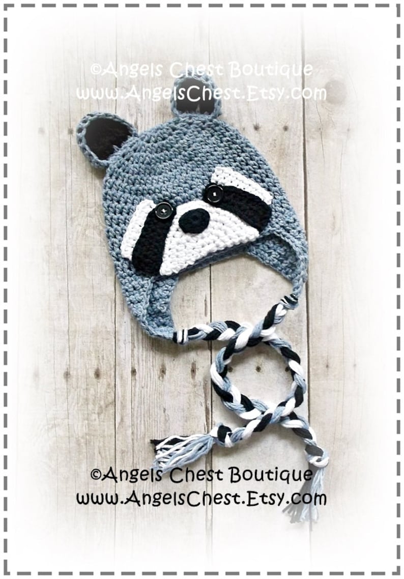 Crochet RACCOON Beanie Earflap Hat PDF Pattern Sizes Newborn to Adult Boutique Design No. 56 by AngelsChest image 3