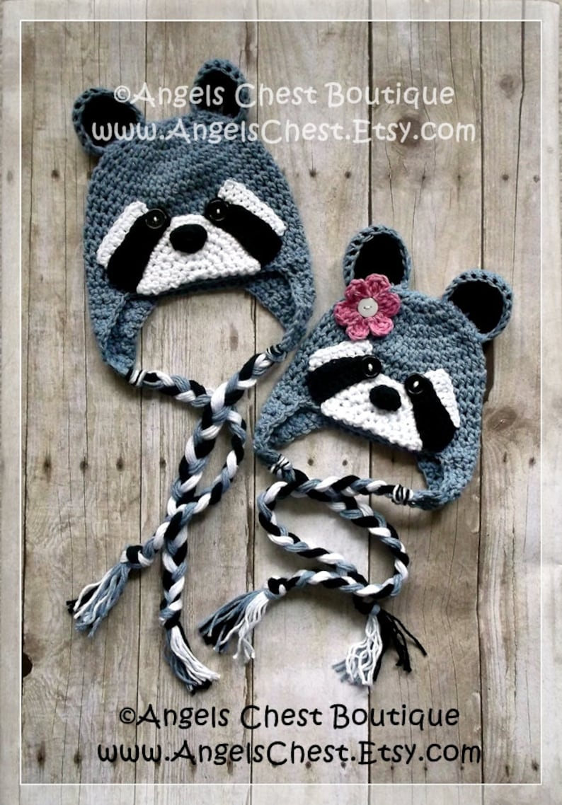 Crochet RACCOON Beanie Earflap Hat PDF Pattern Sizes Newborn to Adult Boutique Design No. 56 by AngelsChest image 1