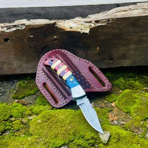 Taschenmesser Damast Stahl | Griff mit Texas-Flagge | Klappmesser mit Lederscheide