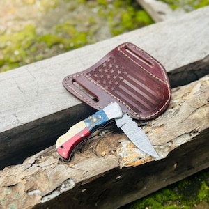 Taschenmesser Damast Stahl | Griff mit Texas-Flagge | Klappmesser mit Lederscheide