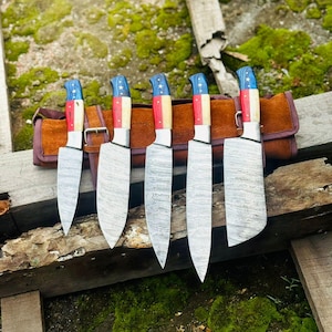 Damaszener Stahl Messer 5er Set | Griff mit Texas-Flagge | Full Tang Kochmesser mit Lederrollescheide
