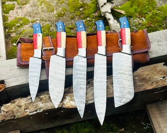 Damaszener Stahl Kochmesser Set: Griff mit Griff aus Texas, Lederscheide
