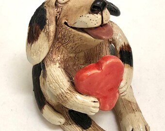 Darling Dog With Heart Stoneware Handmade