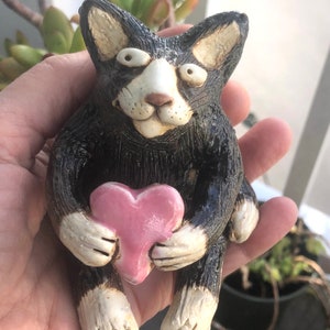 Small Cat with Heart Hand Sculpted Stoneware