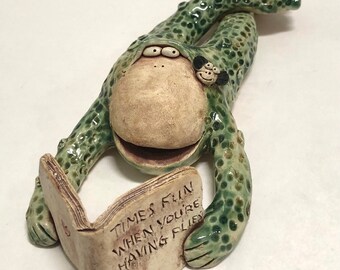 Book Frog Hand Sculpted Stoneware